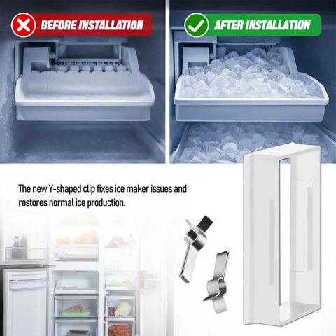 Y-Clip Ice Maker Assembly Kit For Samsung Fridge Replacement AP6261443 showing before and after installation results