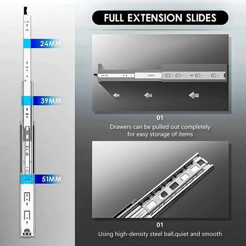 Heavy Duty Drawer Slides 51mm Wide 950mm Long Side Mount Runners With Lock For Cabinets And Drawers, 68kg Capacity, diagram view