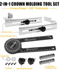 Kickass Crown Molding Jig And Miter Saw Protractor With Heavy Duty Metal Stops For Straight Up Accurate Nested Cuts And No Sweat Setup Using Aluminum Angle Finder Tool For Easy DIY Carpentry, including 2 crown stops and black angle protractor.