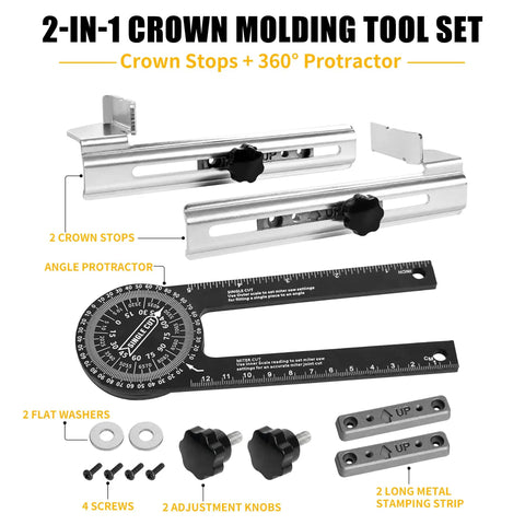 Kickass Crown Molding Jig And Miter Saw Protractor With Heavy Duty Metal Stops For Straight Up Accurate Nested Cuts And No Sweat Setup Using Aluminum Angle Finder Tool For Easy DIY Carpentry, including 2 crown stops and black angle protractor.