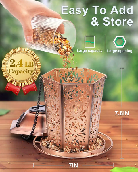 Solar Powered Bird Feeder For Outdoors Hanging Built Tough Premium Metal Construction Chew Proof Weather And Water Resistant Garden Decor Lantern By Night Dope For Yards And Patios with 2.4 lb seed capacity in copper color.