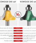 Comparison image of Kowood 24X and 24Z router bit sets with carbide tips, highlighting differences in use and material coating.