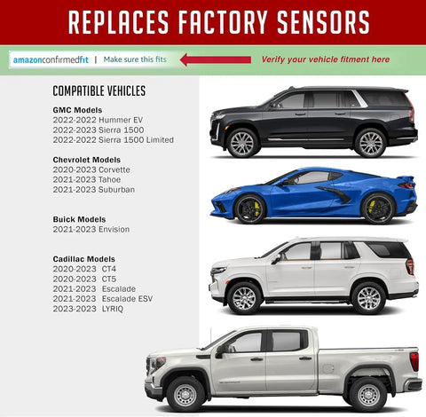 Image showing compatible vehicles for Heavy Duty TPMS Tire Pressure Sensors Four Pack With Durable Rubber Stems for Chevy GMC Cadillac.