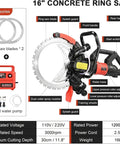 16" Concrete Ring Saw with dual blades, splash guard, and water spray nozzles for efficient cutting of concrete.