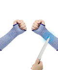 Level 5 Cut Resistant Arm Sleeves With Thumb Hole, Tough As Nails HPPE Forearm Guards For Kitchen And Workshop, Real Deal Slash Shield For Sensitive Skin, 1 Pair Blue Small on hands with knife.