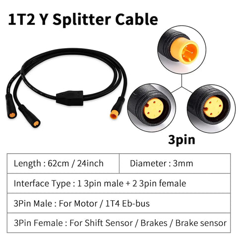 1T2 Cable Y Splitter Extending Wire Waterproof 3 Pin Connector For Ebike Light Brake Throttle And Gear Sensor Ride Ready 62cm 24 Inches Universal Fit For Bafang MID Drive And Most Electric Bikes