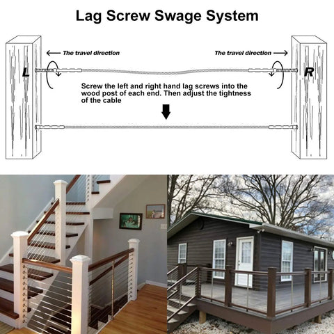 Diagram and examples of Three Sixteenth Inch Stainless Steel Swage Lag Screws for Wood Posts Right and Left Hand Threads.