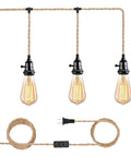 Three Light Hemp Rope Plug In Pendant Light With Woven Rattan Shade And Adjustable Cord Switch For Rustic Farmhouse Decor with bulbs and cord.