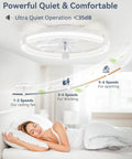 Slick 20 Inch Low Profile Ceiling Fan With Light Remote 7 Blades Smooth Airflow Chill Bedroom Vibes App Control shown over a bed.