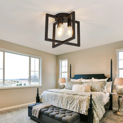 Three Light Dope Industrial Black Ceiling Light Fixture Semi Flush Mount Chandelier in a bedroom setting
