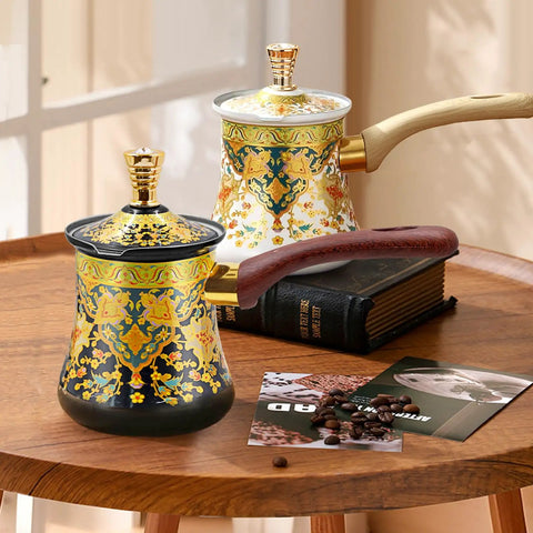 Turkish Greek Arabic Stovetop Coffee Pot With Milk Warmer 550 ML Capacity White With Gold Flower Pattern Wooden Handle