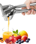 Heavy Duty Manual Citrus Juicer Press In 304 Stainless Steel Effortless Hand Squeezer pouring juice into a glass with fruits.