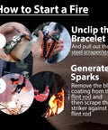 Steps to start a fire using Two Pack Paracord Survival Bracelet Set With Flint Fire Starter Loud Whistle Compass Mini Saw Waterproof Paracord