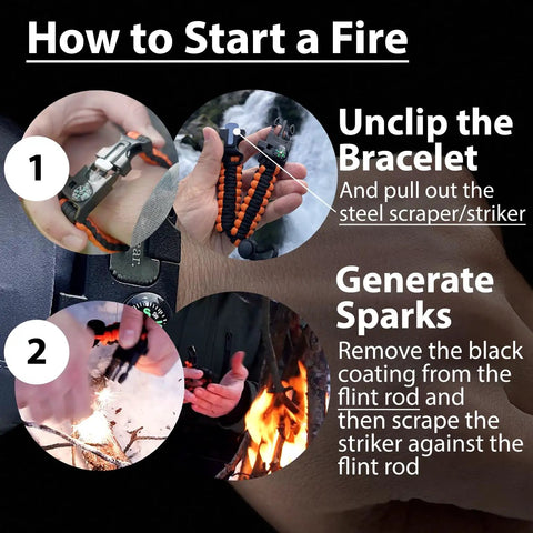 Steps to start a fire using Two Pack Paracord Survival Bracelet Set With Flint Fire Starter Loud Whistle Compass Mini Saw Waterproof Paracord