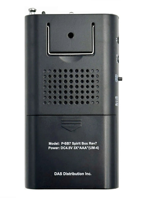 Back view of Spirit Box Rev 8 for Ghost Hunting With EVP Technology, showing model information and speaker grille.