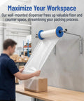Slick Wall Mount Bubble Wrap Dispenser With Heavy Duty Galvanized Steel dispensing bubble wrap for packing on a workspace.