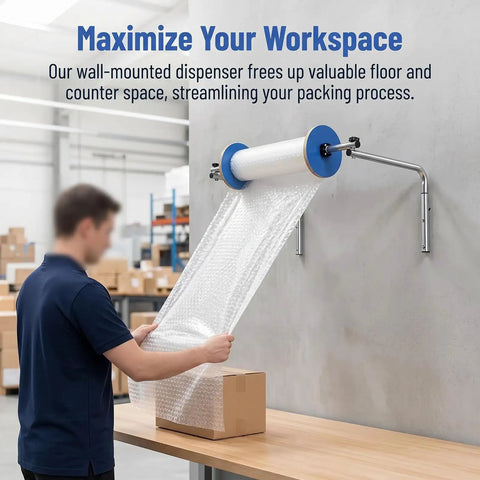 Slick Wall Mount Bubble Wrap Dispenser With Heavy Duty Galvanized Steel dispensing bubble wrap for packing on a workspace.
