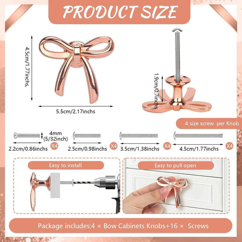 Rose Gold Bow Dresser Knobs 4 Pack Decorative Cabinet Hardware For Dressers Cabinets Closets with screw measurements