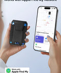 Hands holding Must Have MagSafe Wallet For iPhone With Find My, Dope Magnetic Card Holder, RFID Blocking, black, with phone screen displaying Find My app.