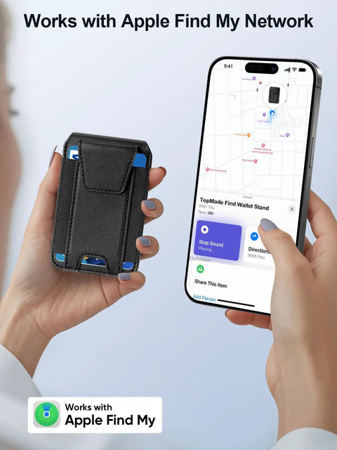 Hands holding Must Have MagSafe Wallet For iPhone With Find My, Dope Magnetic Card Holder, RFID Blocking, black, with phone screen displaying Find My app.