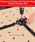 Person using Go-T0 Precision 20mm Bench Dog Hole Drill Guide And Template on MFT tabletop with drill for accurate holes