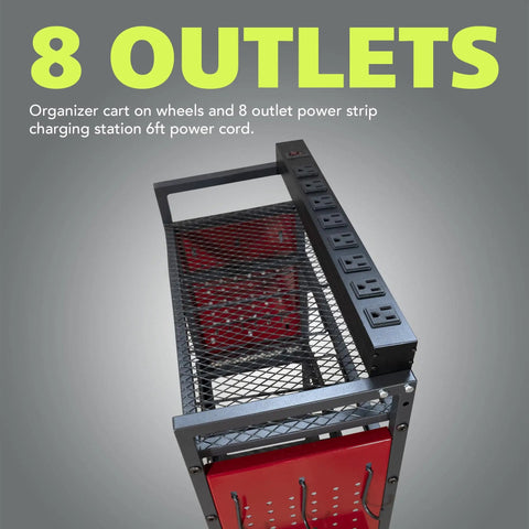Power Tool Cart With Battery Charging Station And Eight Outlet Power Strip Mobile Garage Workbench On Wheels For Mechanics