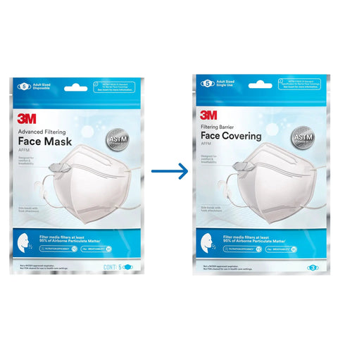 Image showing 3M Filtering Barrier Face Covering AFFM-5 packaging next to face mask packaging with ASTM F3502-21 label.
