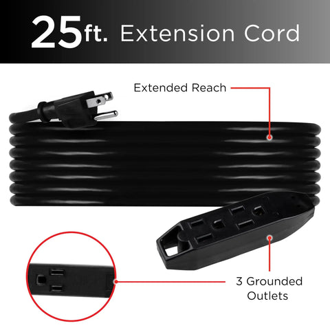 25 Ft Indoor Extension Cords 2 Pack 3 Outlet Power Strip With Grounded 16 Gauge Heavy Duty Cable ETL Listed Black coiled view
