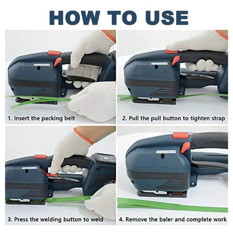 Step-by-step usage guide for Heavy Duty Handheld Electric Strapping Gun With Self Locking Action And Lcd Screen For.5 To.7 In Pp Pet Straps.