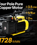 Heavy Duty 1/4 Hp 3.5 Cfm Hvac Air Conditioning Vacuum Pump Featuring Single Stage Rotary Vane Design That Runs No Sweat With 110V Power For Quick Ac Line Purge image showing a four pole pure copper motor with 3.5 CFM flow rate.