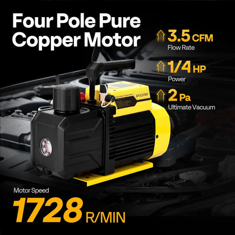 Heavy Duty 1/4 Hp 3.5 Cfm Hvac Air Conditioning Vacuum Pump Featuring Single Stage Rotary Vane Design That Runs No Sweat With 110V Power For Quick Ac Line Purge image showing a four pole pure copper motor with 3.5 CFM flow rate.
