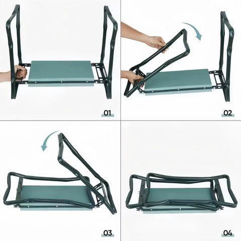 Instructions showing how to fold Foldable Garden Kneeler And Seat With Tool Pouches All In One Bench Soft Kneeling Pad