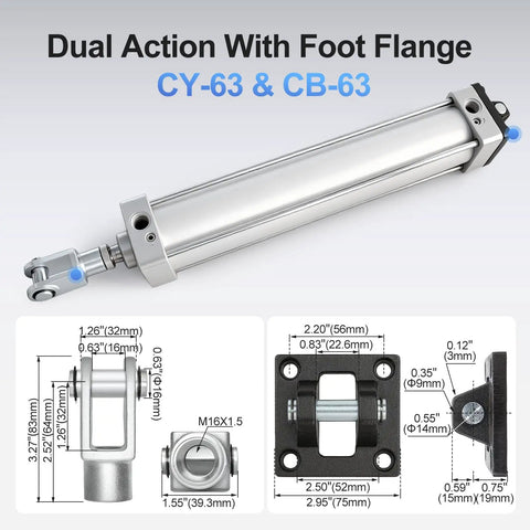 Heavy-Duty Pneumatic Air Cylinder 2.5 Inch Bore, 3.94 Inch Stroke, Double Acting, with CY Foot Flange and CB Base