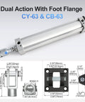 Beefy Pneumatic Air Cylinder With 2-1/2 Inch Bore And 11.81 Inch Stroke, Double Acting Single Rod Design shown with dimensions and fittings.