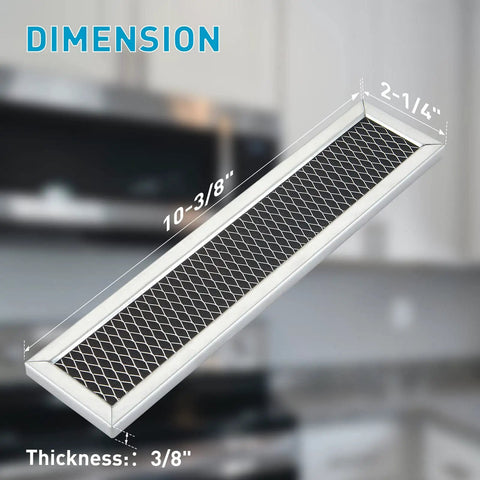 Microwave Charcoal Filter Replacement For GE JX81L Frigidaire FRPAMRAF Gallery 5304464577 Bosch dimensions shown and labeled