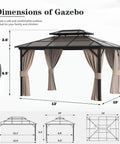 Hardtop Outdoor Gazebo With Double Layer Polycarbonate Roof And Aluminum Frame Pavilion With Curtains And Netting 10x13 Foot Sunshade For Garden Lawn Patio Sturdy Backyard Hangout Canopy For All Seasons diagram with dimensions and structure details.