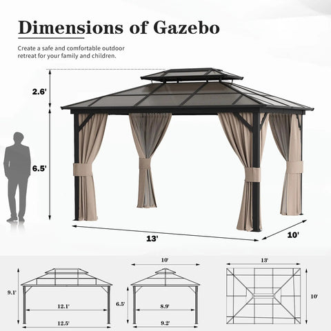 Hardtop Outdoor Gazebo With Double Layer Polycarbonate Roof And Aluminum Frame Pavilion With Curtains And Netting 10x13 Foot Sunshade For Garden Lawn Patio Sturdy Backyard Hangout Canopy For All Seasons diagram with dimensions and structure details.