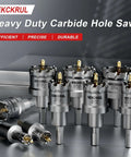 Front view of REKCKRUL 21-Piece TCT carbide hole saw kit for metal with sizes 1/2 to 2-1/8 inches, titanium pilots.