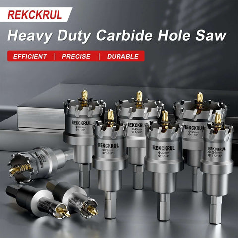 Front view of REKCKRUL 21-Piece TCT carbide hole saw kit for metal with sizes 1/2 to 2-1/8 inches, titanium pilots.