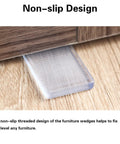 Close up of 8 Pcs Clear Furniture Shims With Non Slip Threaded Level Wedges beneath furniture, showing non-slip design detail.