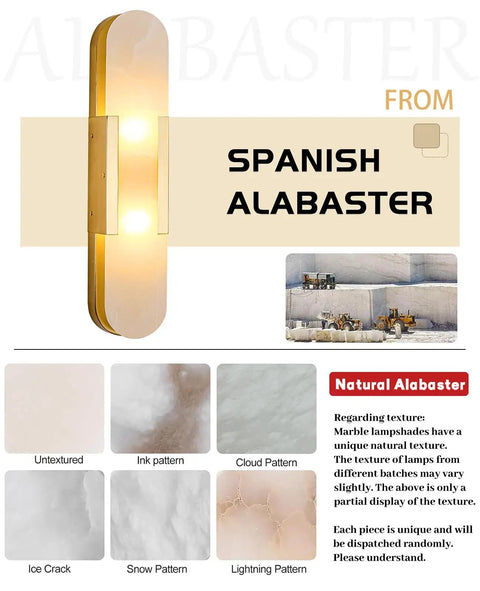 Natural Spanish Alabaster Wall Sconce, 19.7" High Marble Wall Sconces, G9 with gold metal base and unique alabaster patterns.