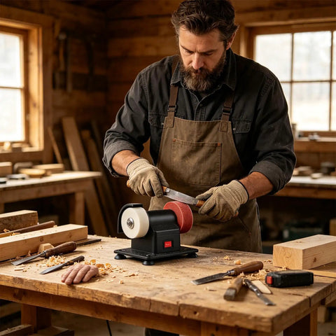 Compact Mini Bench Grinder With Dual Polishing Wheels For Snappy Tool Sharpening And Quick Burr Removal Portable Electric Desktop Sharpener in use on a workbench.