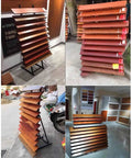 Large Capacity Heavy Duty Rock Solid Sample Rack For Building Materials Tile Display And Skirting Boards Top Shelf Storage Organizer with wide steel shelves arranged in various angles.