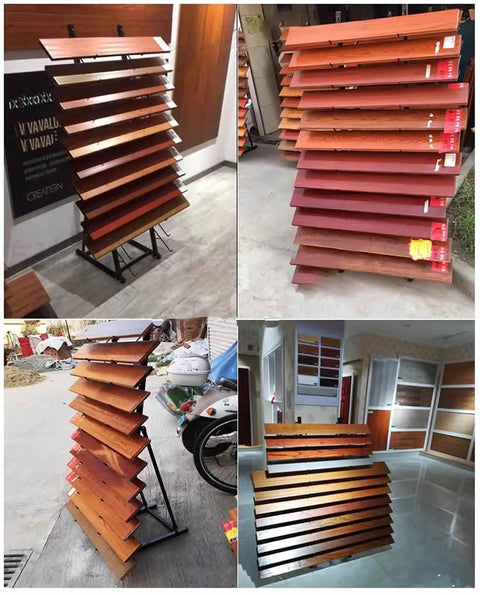 Large Capacity Heavy Duty Rock Solid Sample Rack For Building Materials Tile Display And Skirting Boards Top Shelf Storage Organizer with wide steel shelves arranged in various angles.