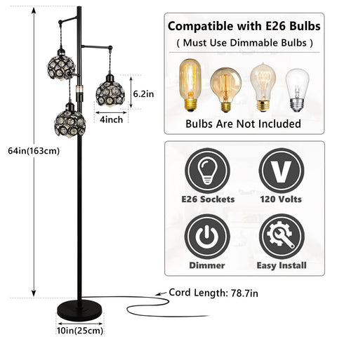 Diagram of 64-inch dimmable crystal floor lamp with industrial farmhouse style, showing three lampshades and E26 bulb compatibility.