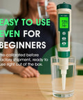 All In One PH Meter for Foodie Kitchens and Home Use with ATC and Backlit Display measuring pH in a glass of water.