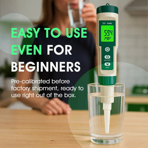 All In One PH Meter for Foodie Kitchens and Home Use with ATC and Backlit Display measuring pH in a glass of water.