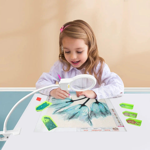 Child using LED Magnifying Lamp For Diamond Painting Tools With 4X And 6X Magnifier, Clip Flexible Neck, Bright LED Light