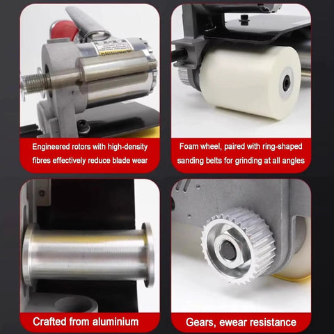 Close-up of Heavy Duty Pneumatic Belt Sander Handheld Grinder Machine 7000 Rpm parts showcasing engineered rotors and foam wheel.