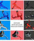 Collage of SNTXMY bow release trigger series in various colors and styles, including 360 Degree Rotatable Thumb Bow Release For Compound Bow Archery Release Trigger With Automatic Jaw Closure 4 Finger Black Bow Release For Precise Arrow Control.